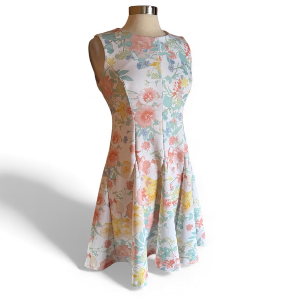 Calvin Klein Pastel Floral Scuba A-Line Dress Petite 10P Sleeveless - Picture 3 of 10